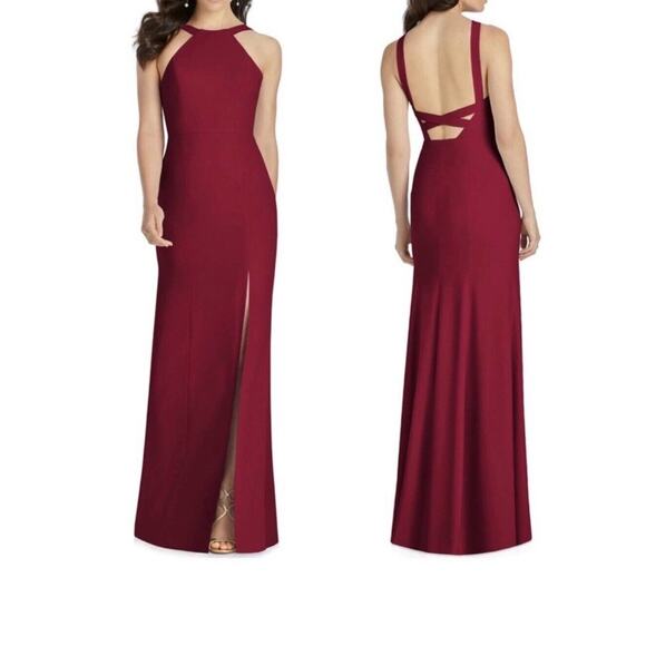 DESSY COLLECTION Cutaway Shoulder Crepe Column Gown Halter Criss Cross Back Sz 0 - Picture 1 of 5